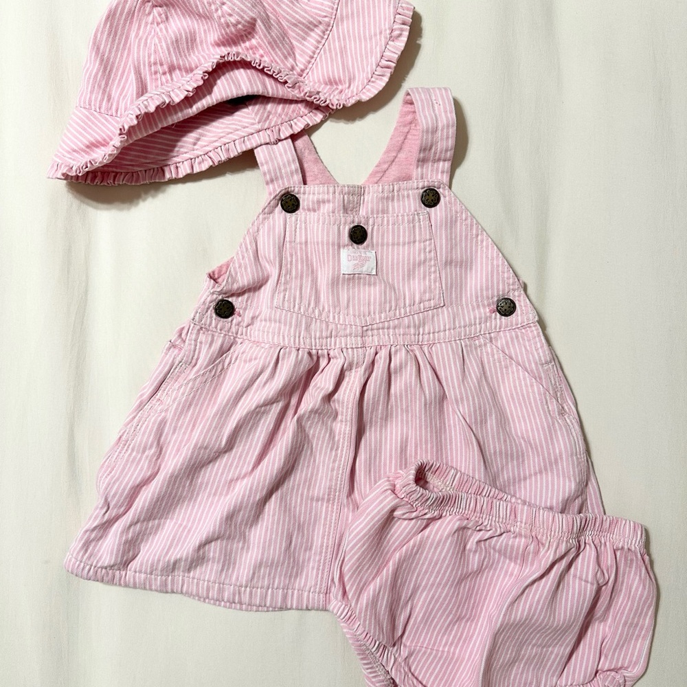 Vintage OshKosh B'gosh Pink Striped Kids Hat and Dress Set